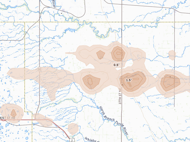 Radar-estimated hail-size map of the storm over Inkster, ND on Jul 24, 2026