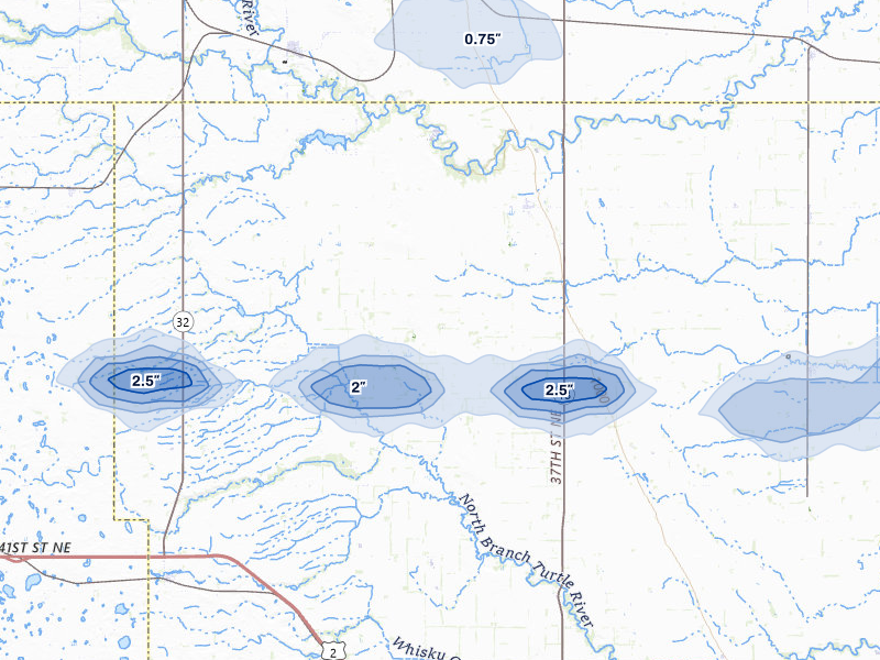 NEXRAD radar-signature map of the hail storm over Inkster, ND on Jul 24, 2026