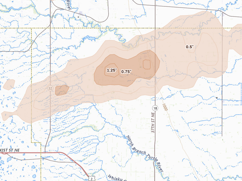 Radar-estimated hail-size map of the storm over Inkster, ND