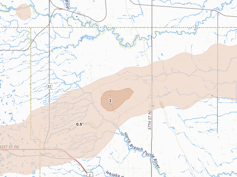 Radar-estimated hail-size map of the storm over Inkster, ND on Aug 24, 2026
