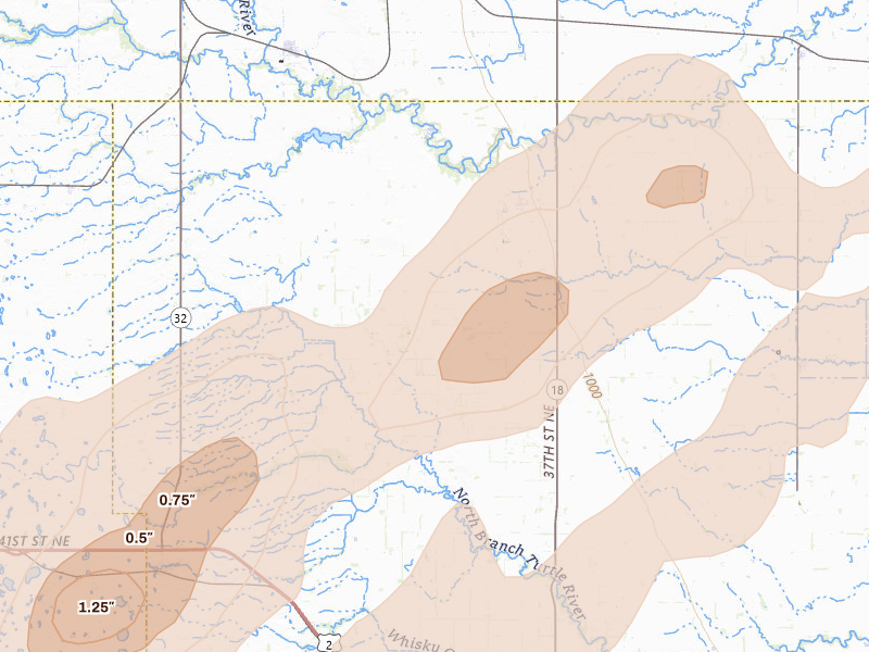 Radar-estimated hail-size map of the storm over Inkster, ND on Sep 3, 2026