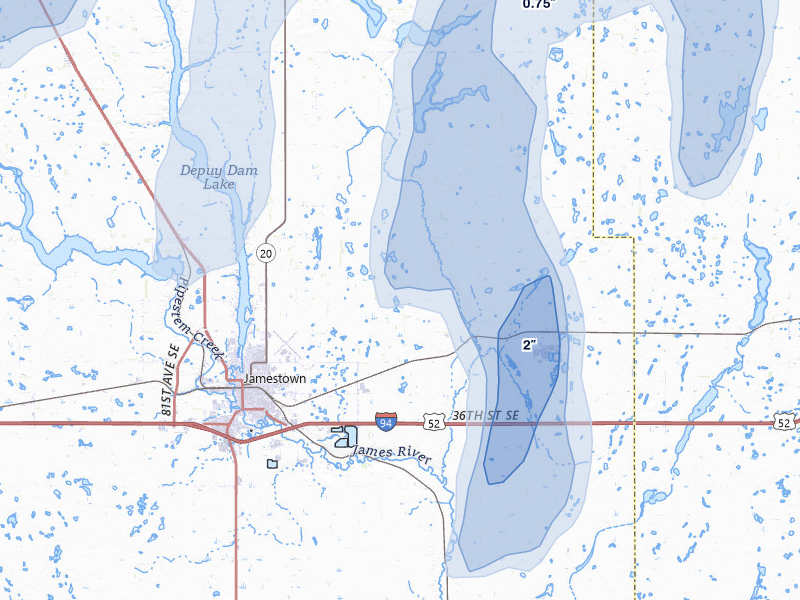 NEXRAD radar-signature map of the hail over Jamestown, ND
