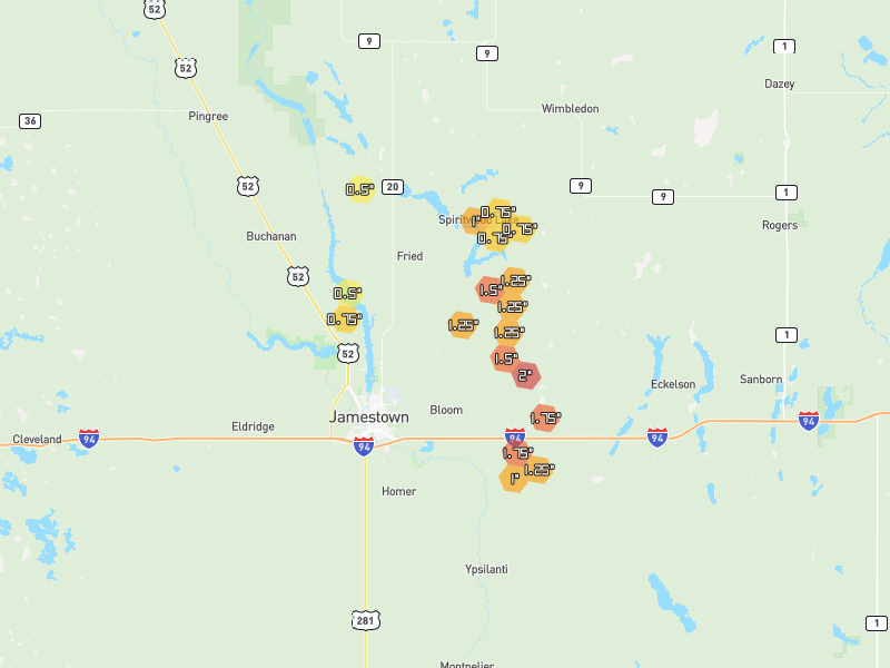 Hail map of Jamestown, ND on Jun 3, 2026, hail up to 2"
