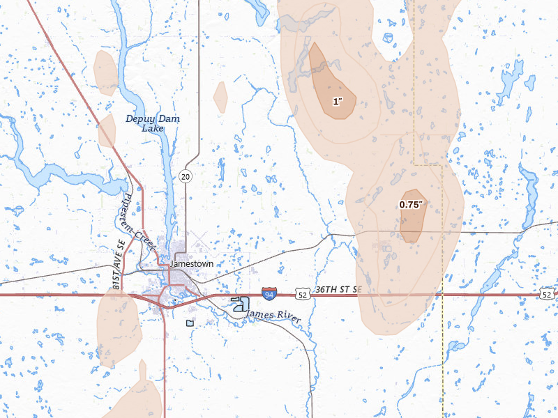 Radar-estimated hail-size map of the storm over Jamestown, ND on Jun 9, 2026