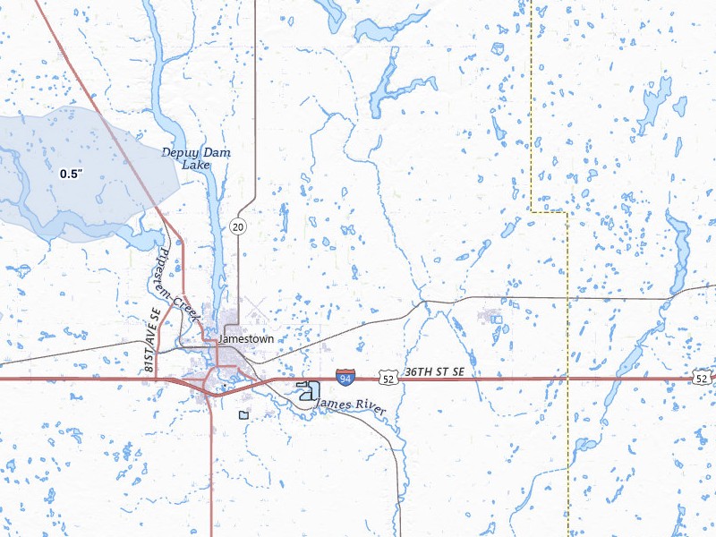 NEXRAD radar-signature map of the hail storm over Jamestown, ND on Jun 27, 2026