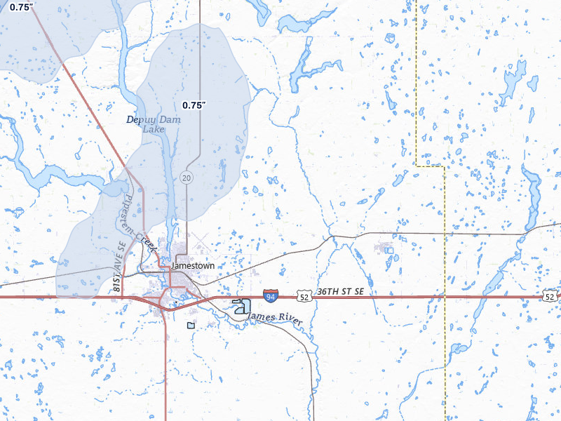 NEXRAD radar-signature map of the hail storm over Jamestown, ND on Jun 29, 2026