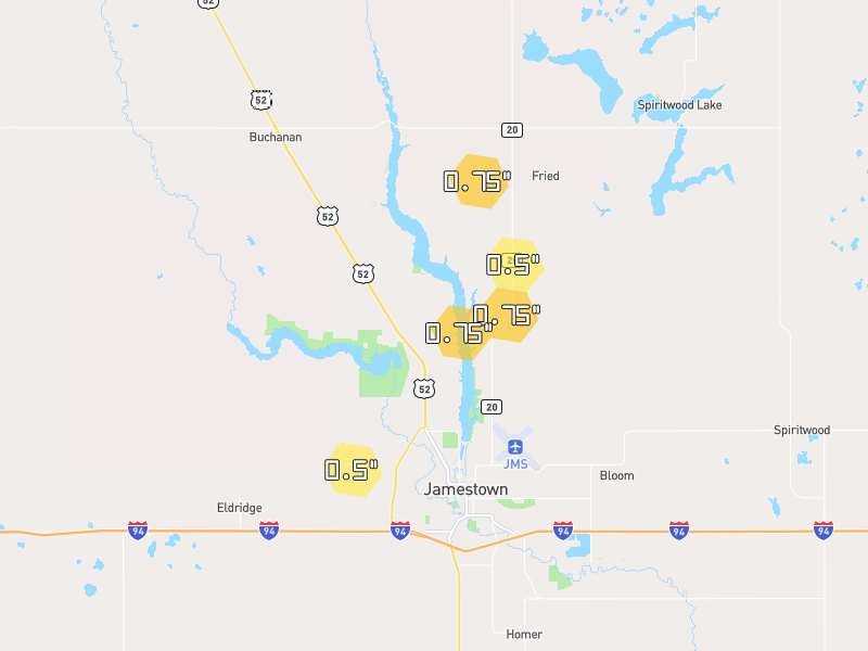 Hail map of Jamestown, ND on Jun 30, 2026, hail up to 0.75"