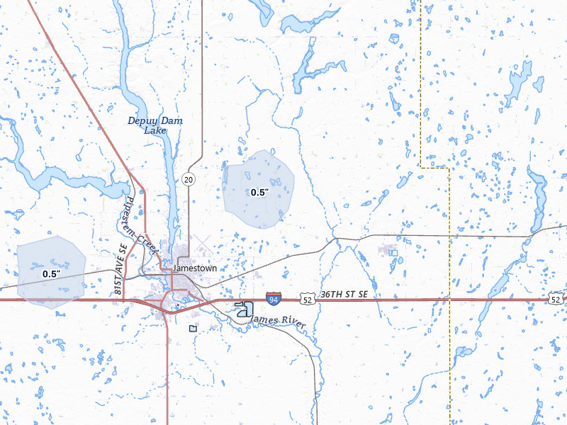 NEXRAD radar-signature map of the hail over Jamestown, ND