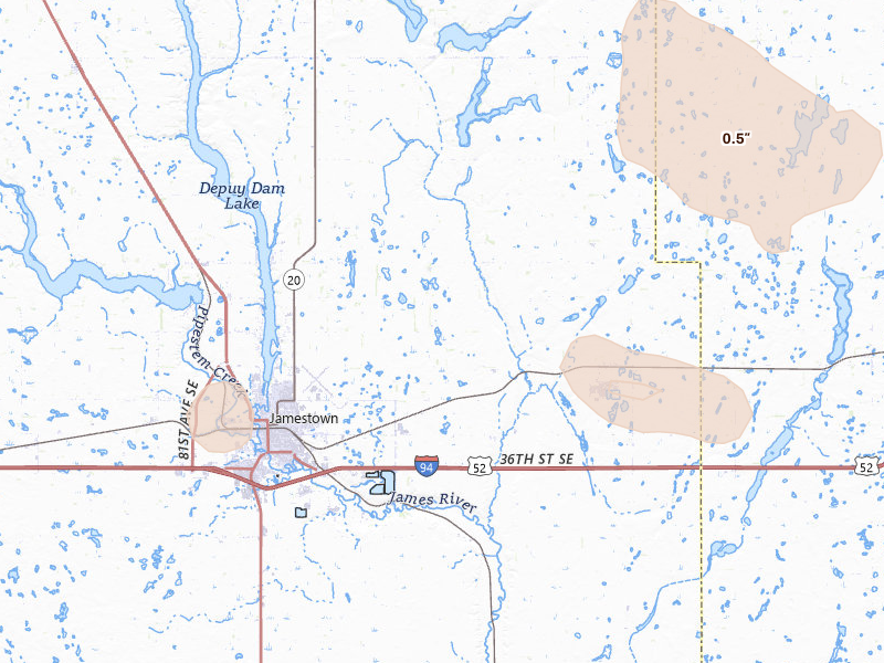 Radar-estimated hail-size map of the storm over Jamestown, ND on Jul 9, 2026
