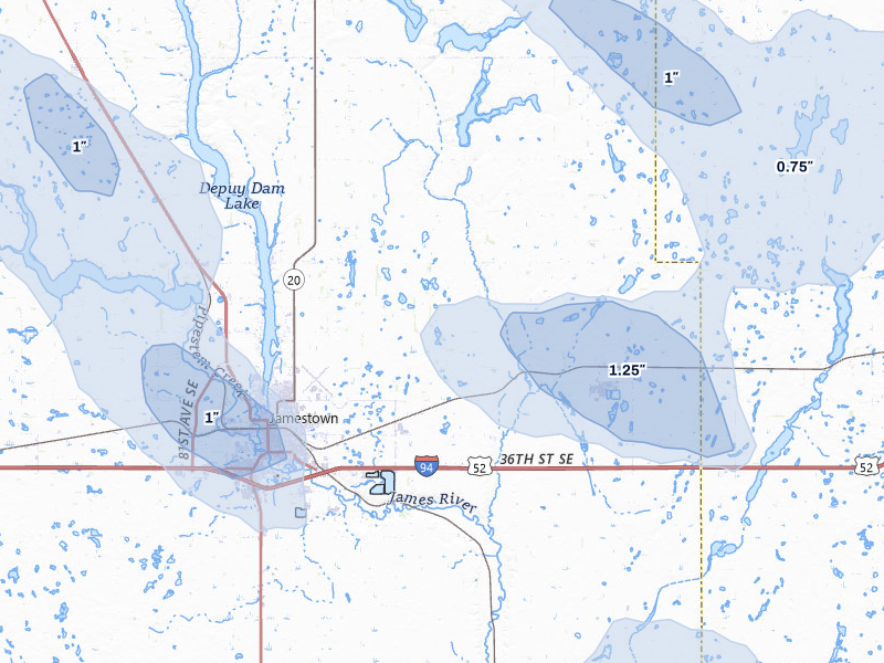 NEXRAD radar-signature map of the hail storm over Jamestown, ND on Jul 9, 2026
