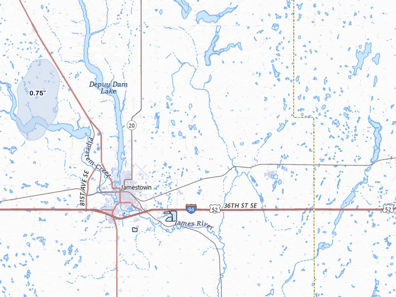 NEXRAD radar-signature map of the hail storm over Jamestown, ND on Jul 24, 2026