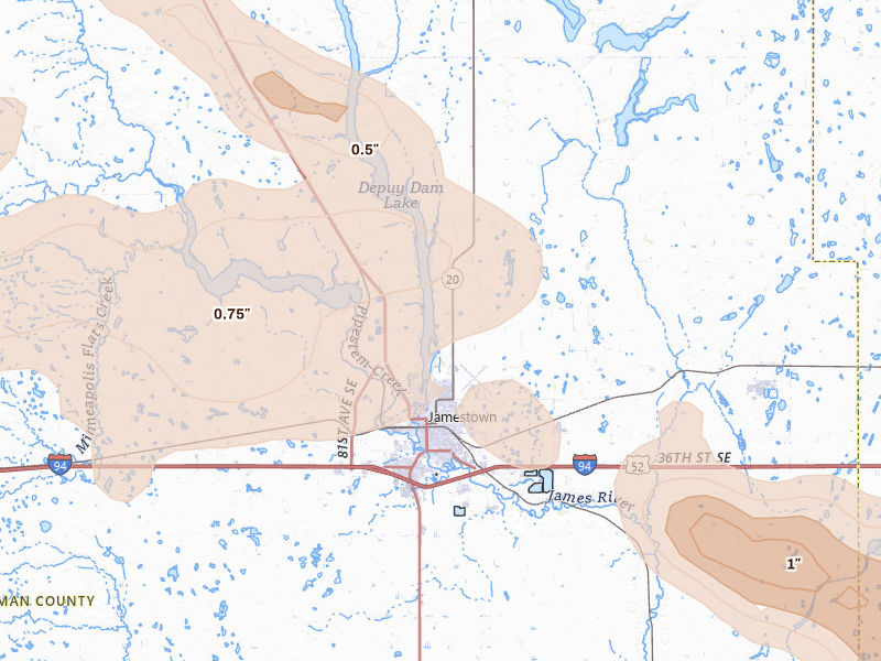 Radar-estimated hail-size map of the storm over Jamestown, ND on Aug 11, 2026
