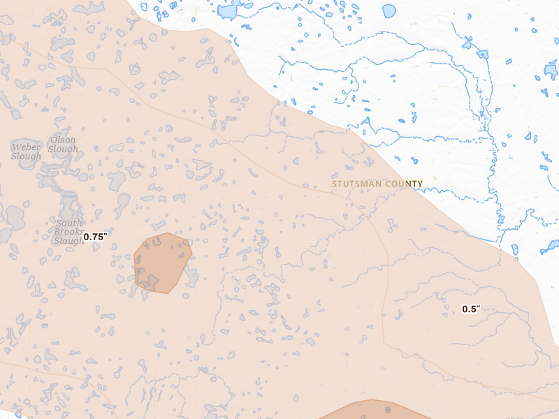 Radar-estimated hail-size map of the storm over Jamestown, ND on Aug 24, 2026