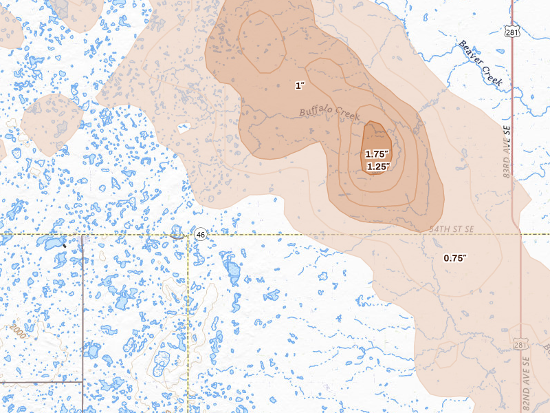 Radar-estimated hail-size map of the storm over Jud, ND on Jul 9, 2026