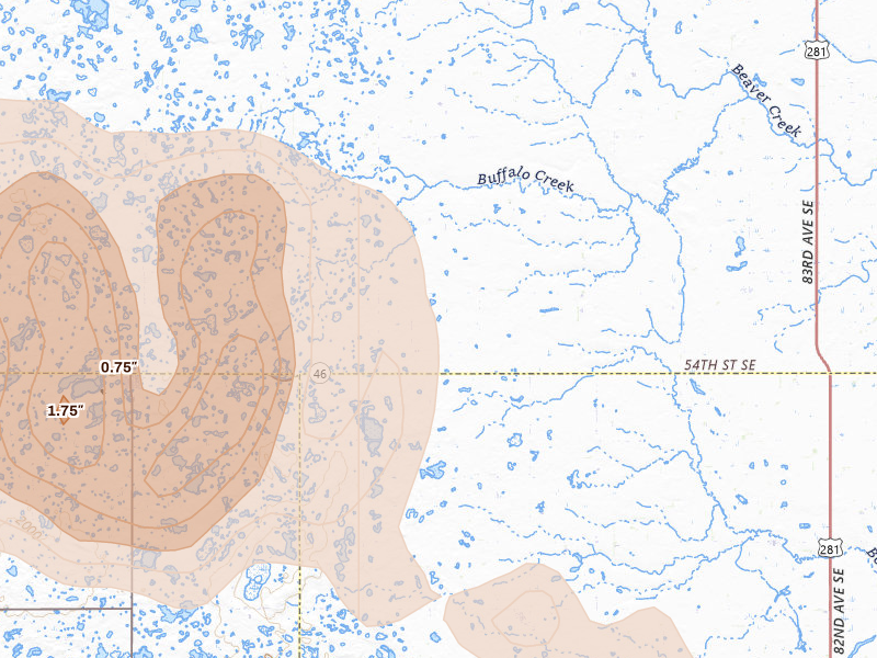 Radar-estimated hail-size map of the storm over Jud, ND on Jul 24, 2026