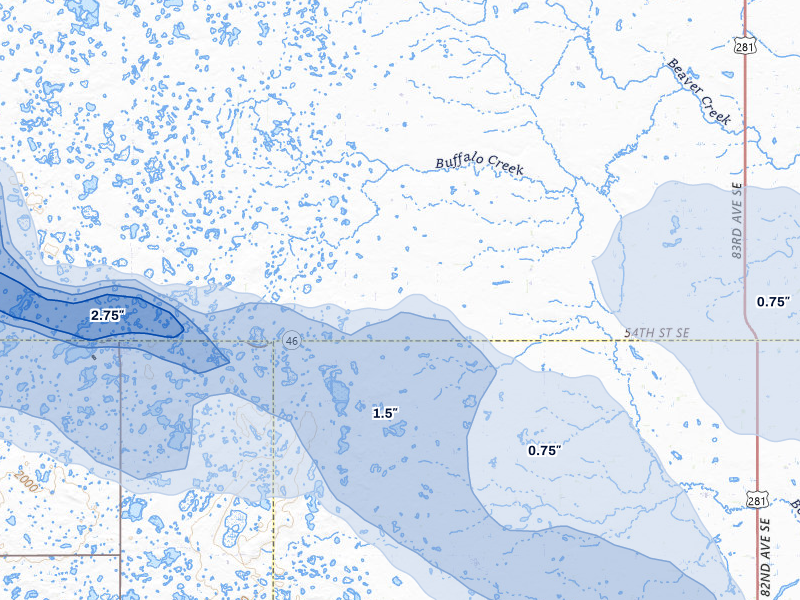 NEXRAD radar-signature map of the hail storm over Jud, ND on Jul 24, 2026