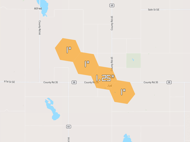 Hail map of Jud, ND on Jul 25, 2026, hail up to 1.25"