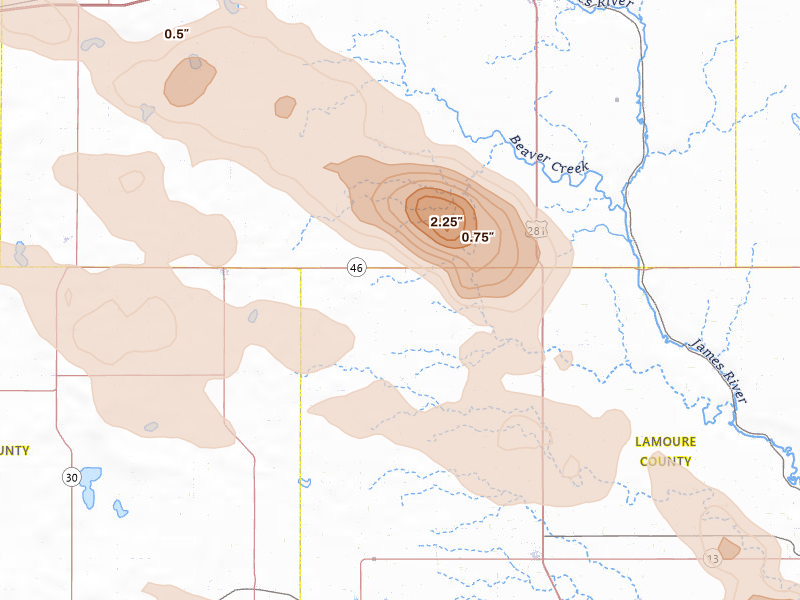 Radar-estimated hail-size map of the storm over Jud, ND on Aug 24, 2026
