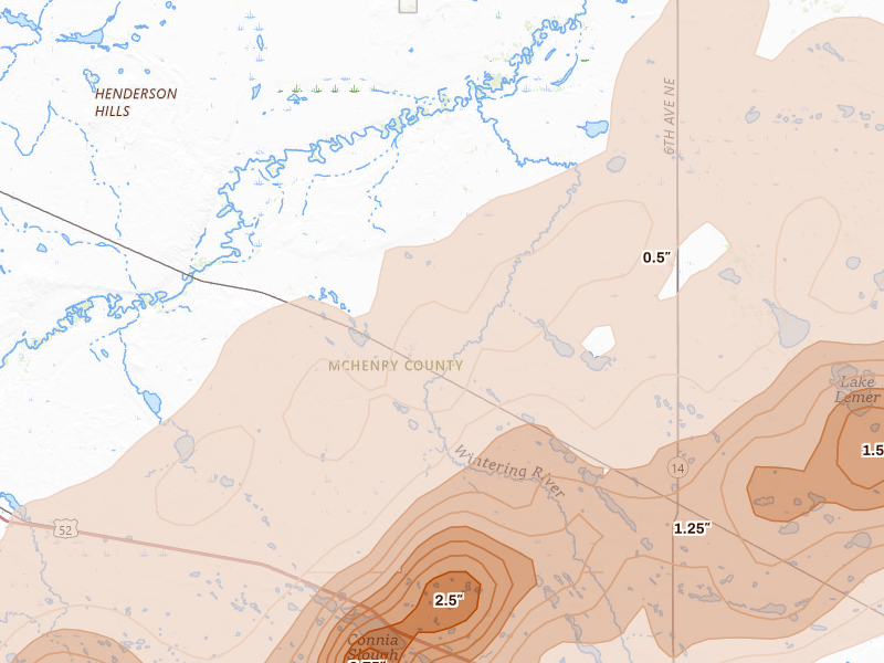 Radar-estimated hail-size map of the storm over Karlsruhe, ND on Jun 28, 2026