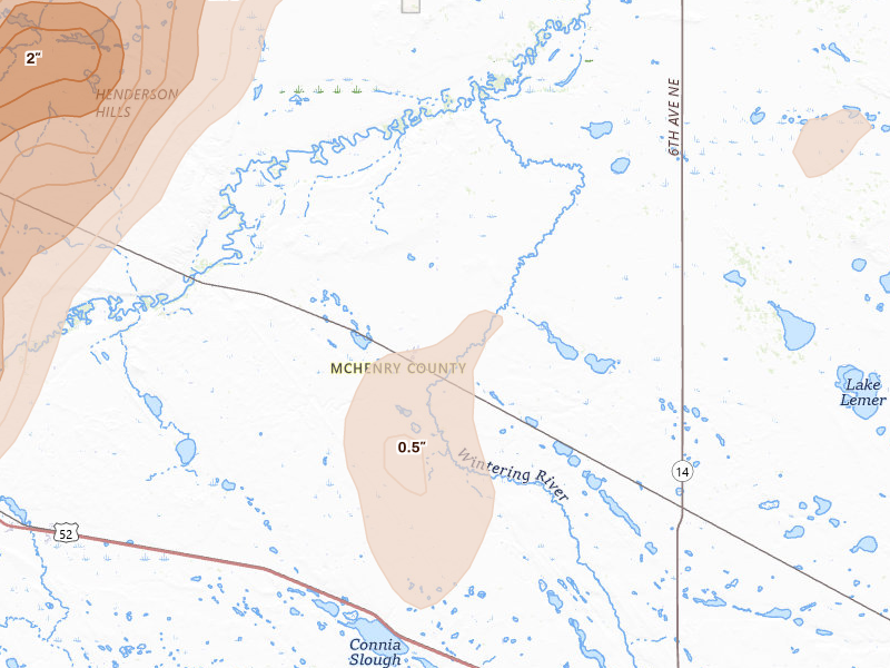 Radar-estimated hail-size map of the storm over Karlsruhe, ND on Jun 29, 2026