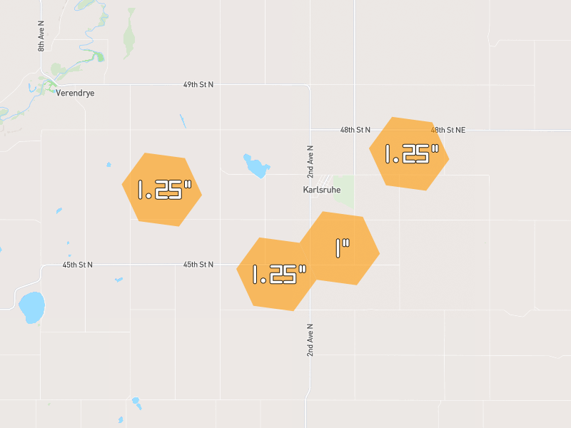 Hail map of Karlsruhe, ND on Jun 29, 2026, hail up to 1.25"