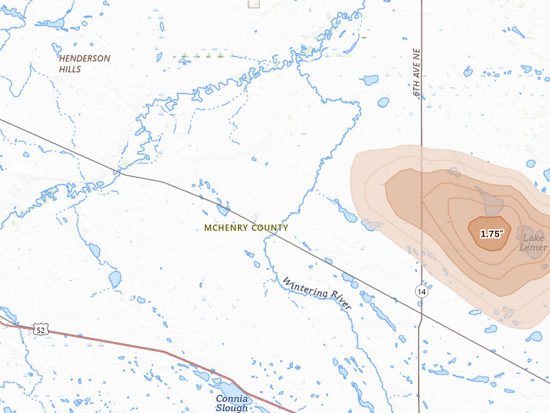 Radar-estimated hail-size map of the storm over Karlsruhe, ND on Jul 9, 2026