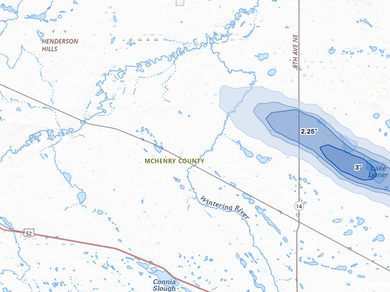 NEXRAD radar-signature map of the hail storm over Karlsruhe, ND on Jul 9, 2026