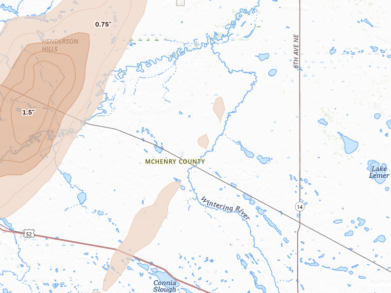 Radar-estimated hail-size map of the storm over Karlsruhe, ND on Sep 2, 2026