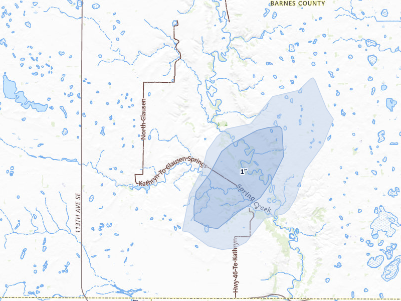 NEXRAD radar-signature map of the hail storm over Kathryn, ND on Jun 27, 2026