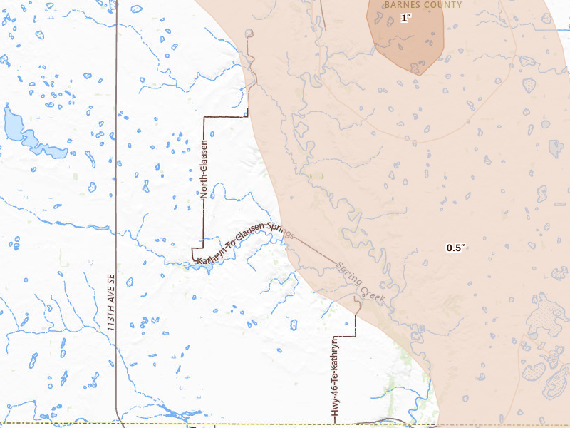 Radar-estimated hail-size map of the storm over Kathryn, ND on Jul 9, 2026