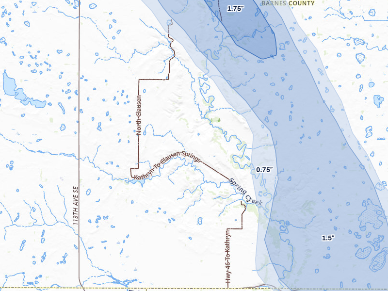 NEXRAD radar-signature map of the hail storm over Kathryn, ND on Jul 9, 2026