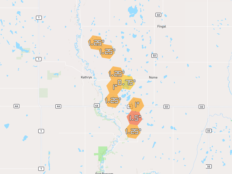 Hail map of Kathryn, ND on Jul 10, 2026, hail up to 1.5"