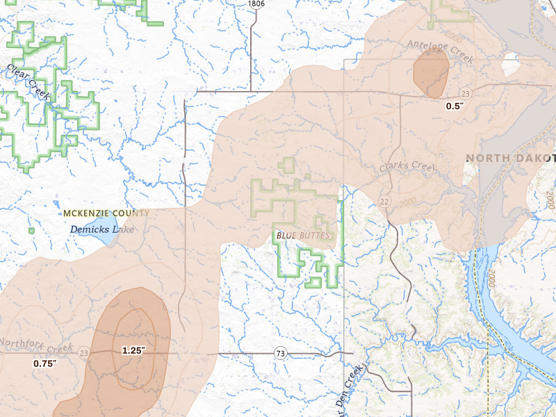 Radar-estimated hail-size map of the storm over Keene, ND on Jun 6, 2026