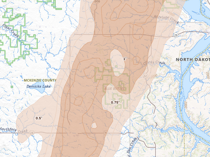 Radar-estimated hail-size map of the storm over Keene, ND on Jun 7, 2026