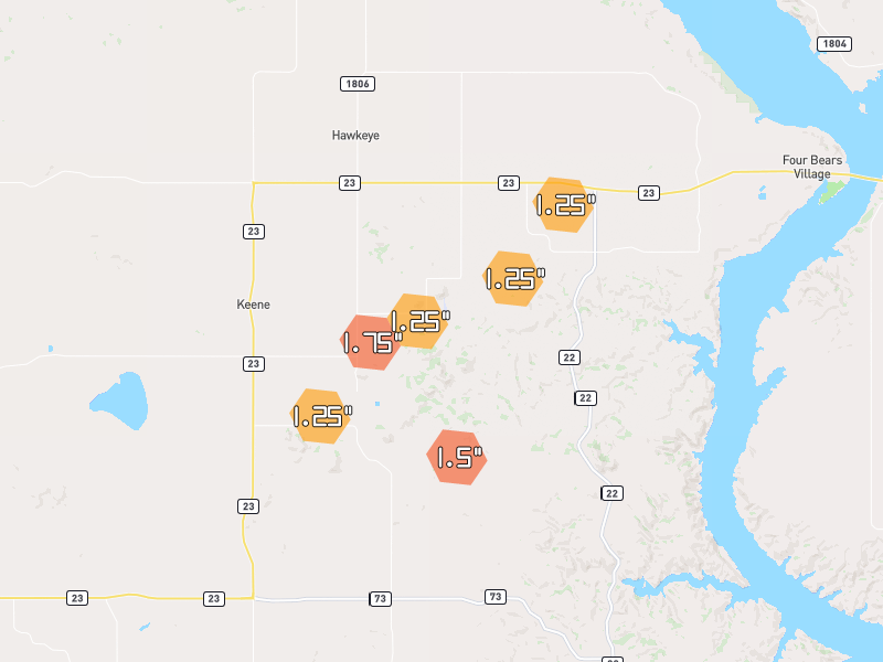 Hail map of Keene, ND on Jun 7, 2026, hail up to 1.75"