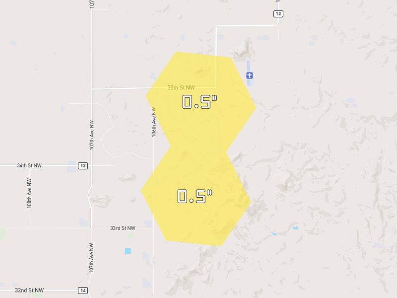 Hail map of Keene, ND on Jun 9, 2026, hail up to 0.5"