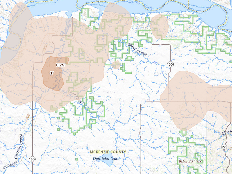 Radar-estimated hail-size map of the storm over Keene, ND on Sep 2, 2026