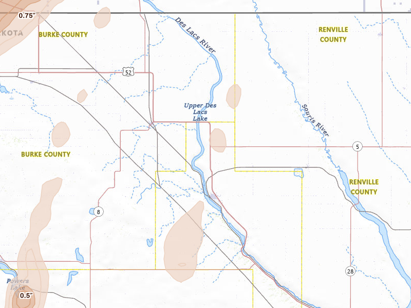 Radar-estimated hail-size map of the storm over Kenmare, ND on Jun 9, 2026
