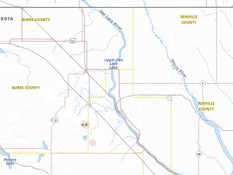 Radar-estimated hail-size map of the storm over Kenmare, ND on Jun 15, 2026