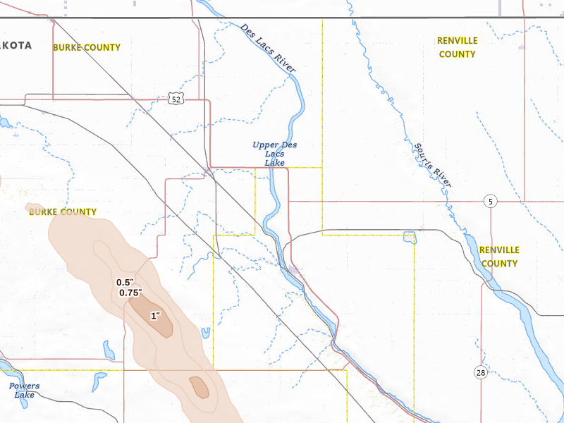 Radar-estimated hail-size map of the storm over Kenmare, ND on Jun 16, 2026