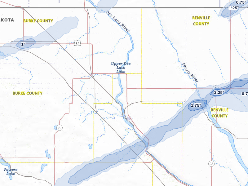NEXRAD radar-signature map of the hail storm over Kenmare, ND on Jul 5, 2026