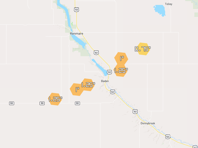 Hail map of Kenmare, ND on Jul 5, 2026, hail up to 1.25"