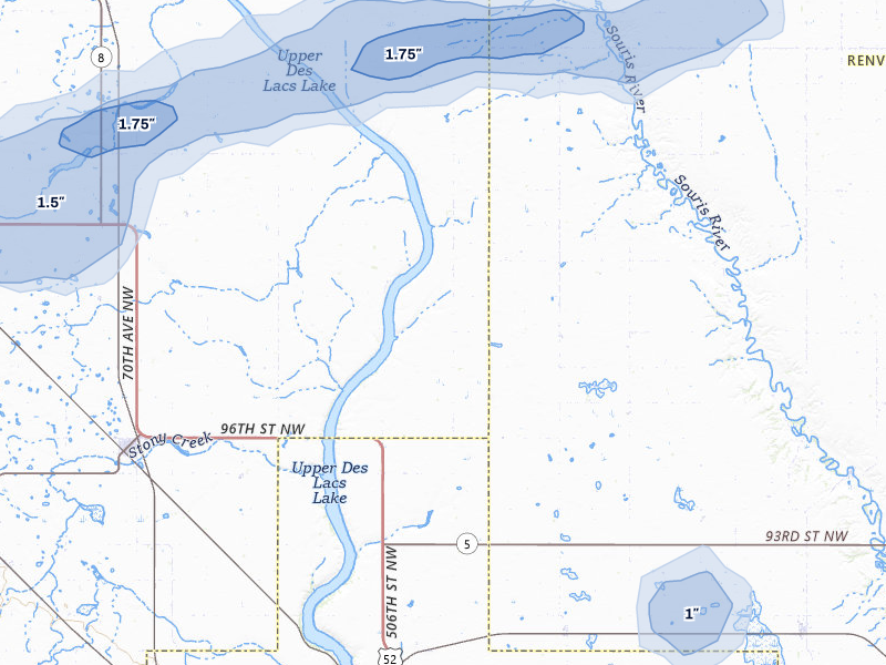 NEXRAD radar-signature map of the hail storm over Kenmare, ND on Aug 28, 2026