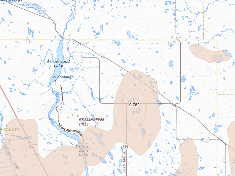Radar-estimated hail-size map of the storm over Kensal, ND on Jun 2, 2026