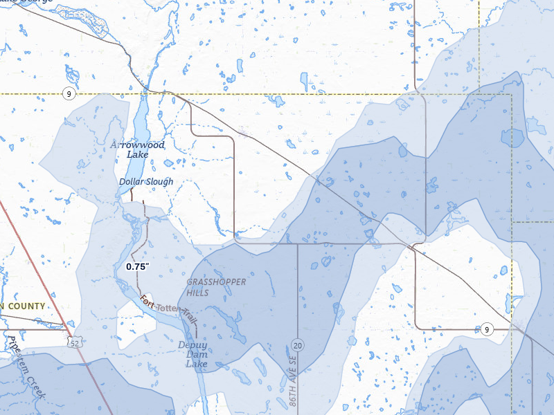 NEXRAD radar-signature map of the hail over Kensal, ND