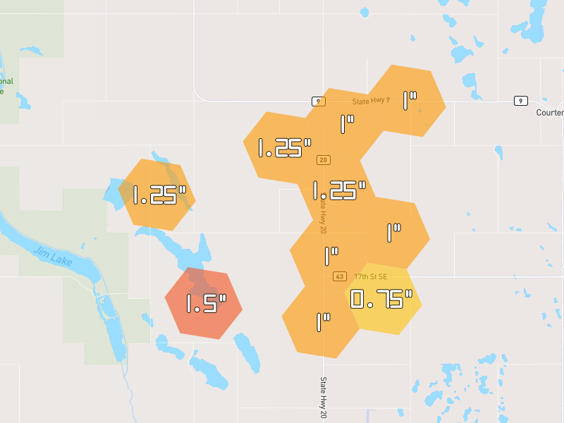 Hail map of Kensal, ND on Jun 3, 2026, hail up to 1.5"