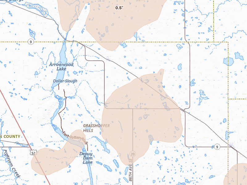 Radar-estimated hail-size map of the storm over Kensal, ND on Jun 9, 2026