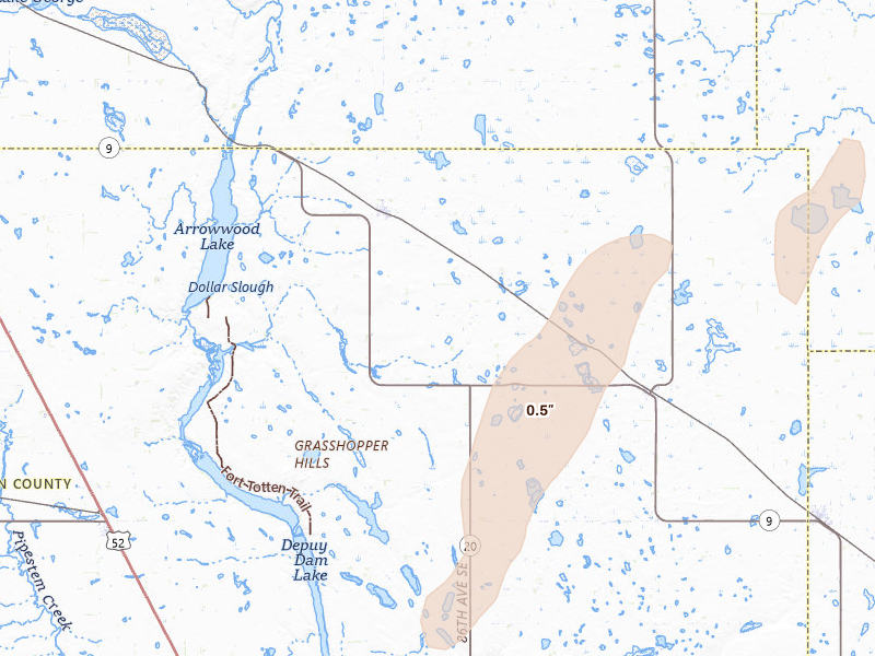 Radar-estimated hail-size map of the storm over Kensal, ND on Jun 29, 2026