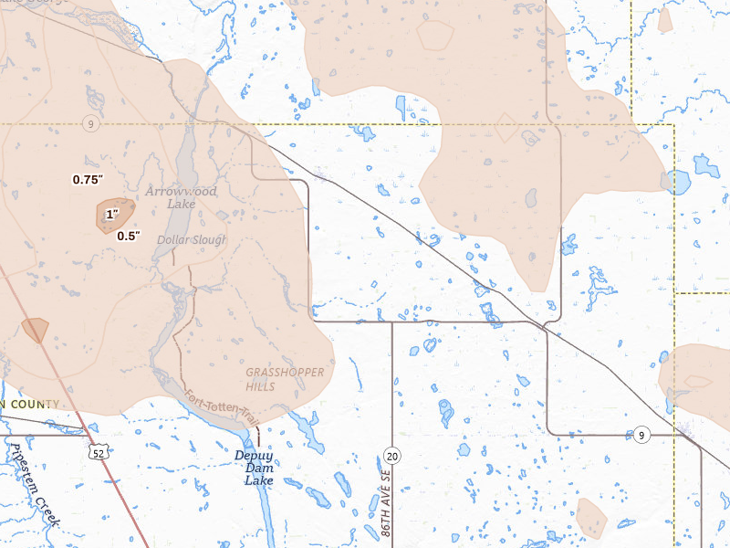 Radar-estimated hail-size map of the storm over Kensal, ND on Jul 9, 2026