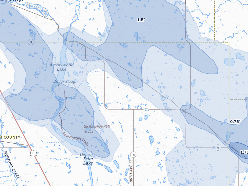 NEXRAD radar-signature map of the hail storm over Kensal, ND on Jul 9, 2026